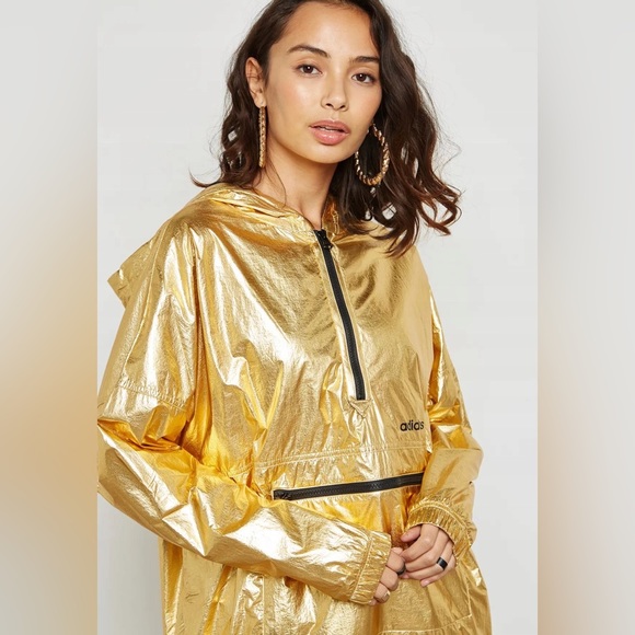 NWT adidas Originals Half Zip Hooded Jacket In High Shine Gold - Picture 9 of 16